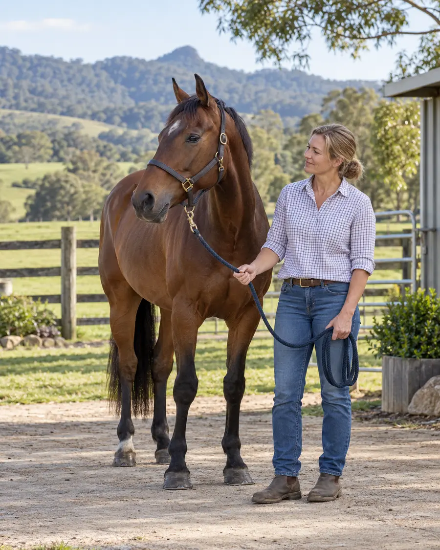 Horse owner with a safely haltered horse ready for a veterinary visit